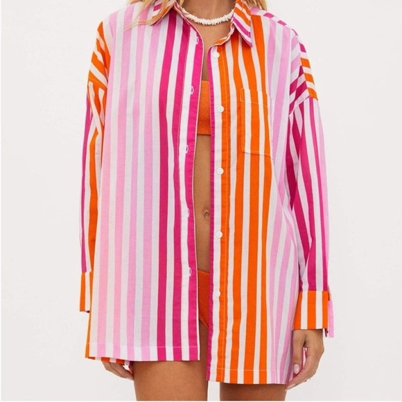 Beach Riot Other - Beach Riot NWOT Womens L/XL Pink & Orange Striped Button-Up Shirt Swim Cover